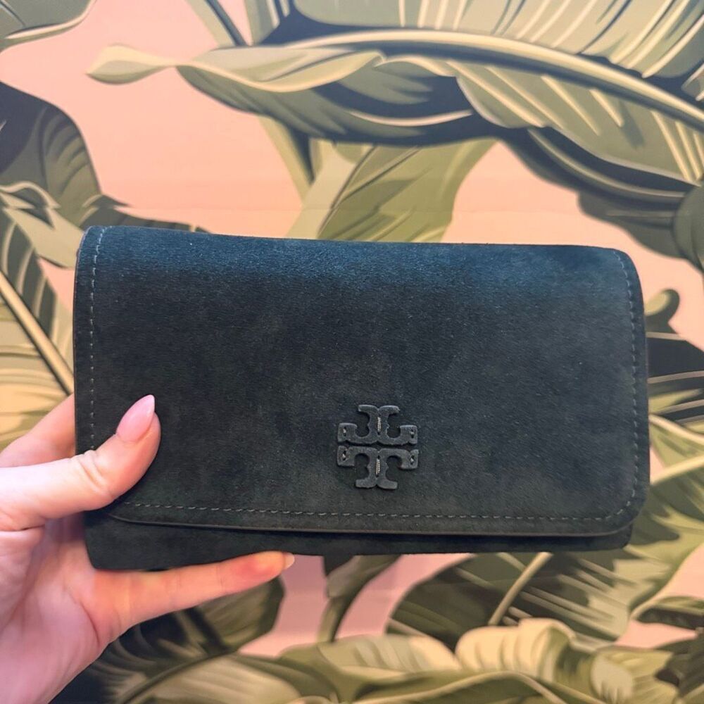 Tory Burch TheaโFlat Wallet Crossbody Suede in Warm Teal 170107 $475